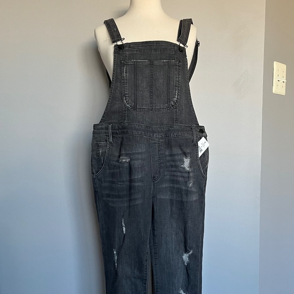 Saks Fifth Ave GRAY Skinny Denim Overall Casual Braces Jaeans Jumpsuit - Picture 3 of 13